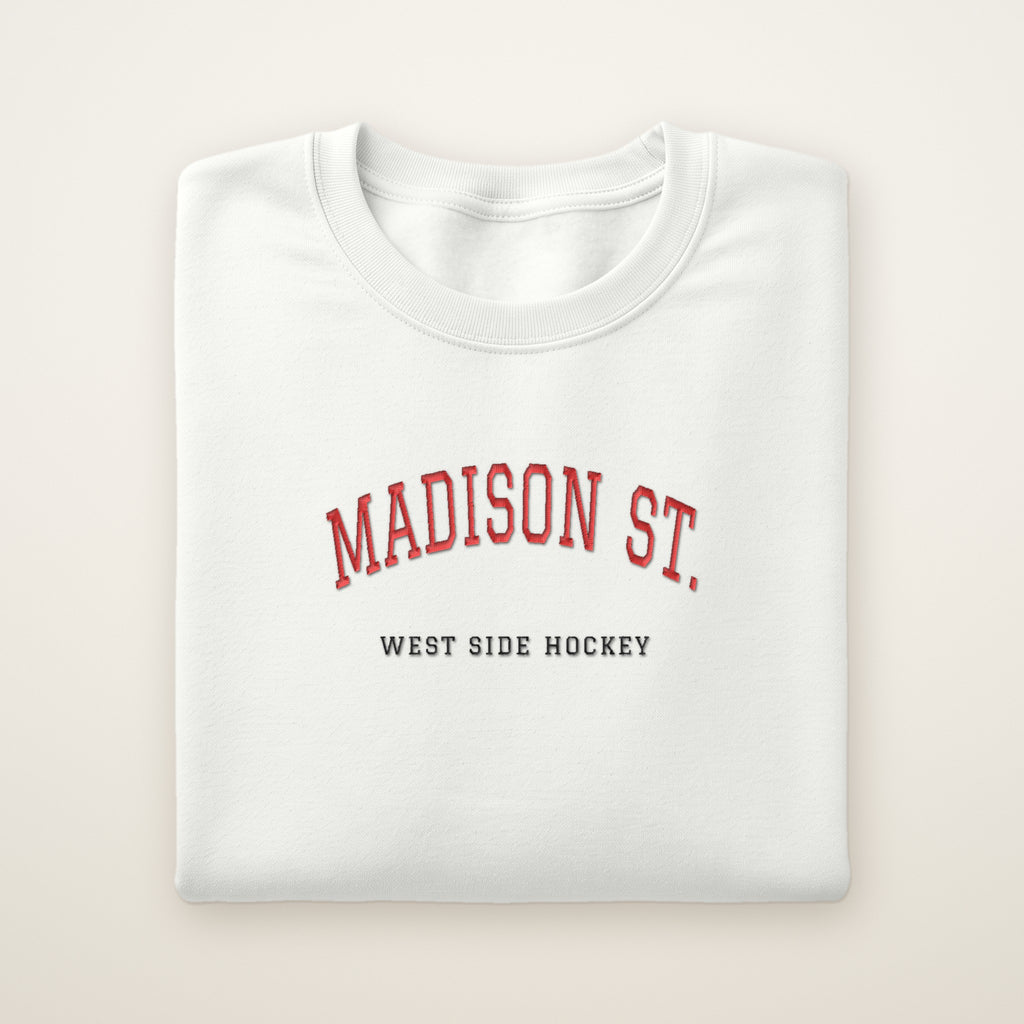 Chicago Hockey Embroidered Crewneck — Madison St. in White, flat lay