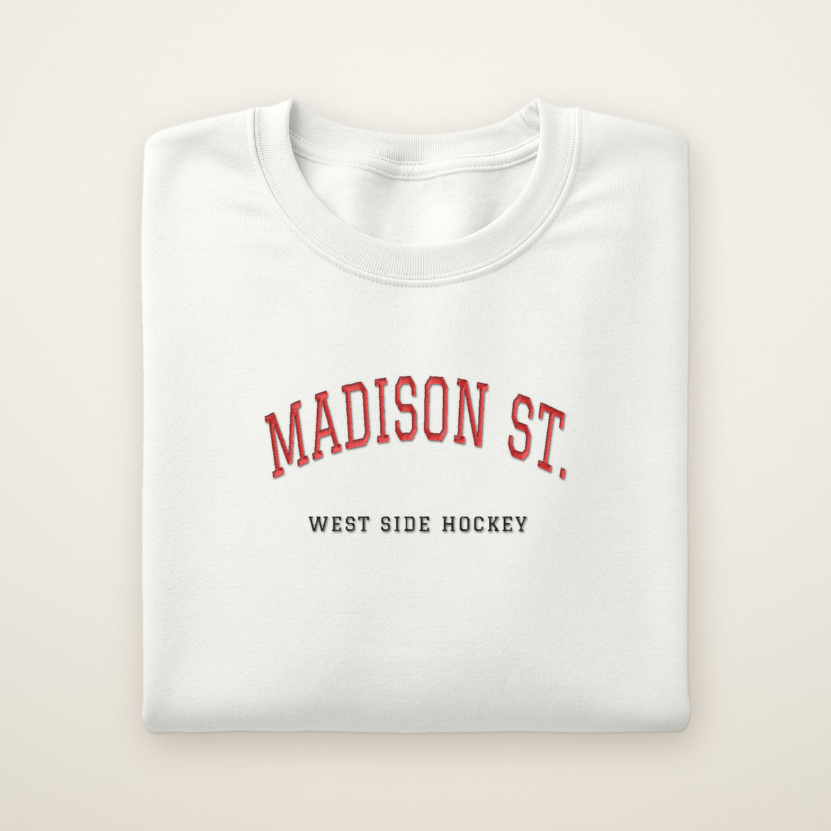 Chicago Hockey Embroidered Crewneck — Madison St. in White, flat lay