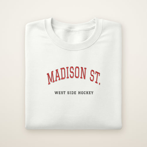 Chicago Hockey Embroidered Crewneck — Madison St. in White, flat lay