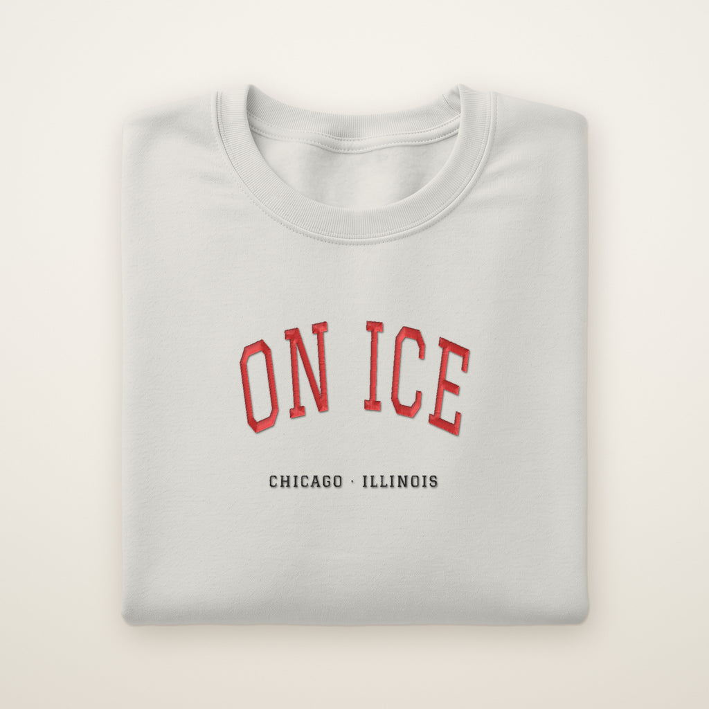 Chicago Hockey Embroidered Crewneck — On Ice in Ash, flat lay