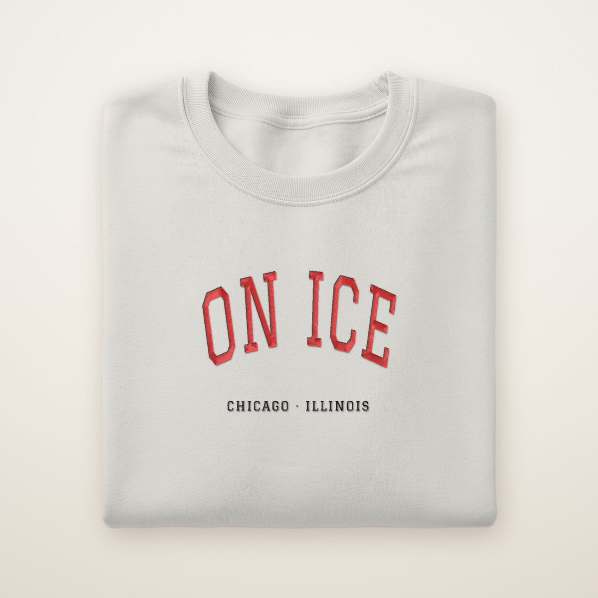 Chicago Hockey Embroidered Crewneck — On Ice in Ash, flat lay