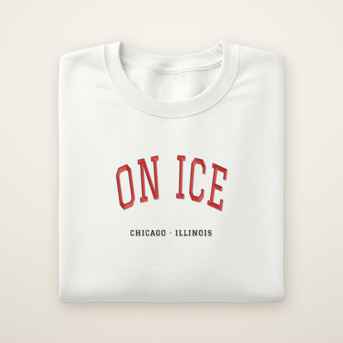 Chicago Hockey Embroidered Crewneck — On Ice in White, flat lay