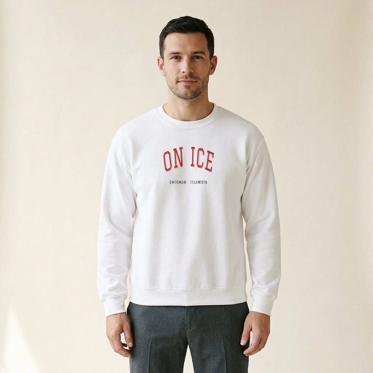 Model wearing the Chicago Hockey On Ice embroidered crewneck