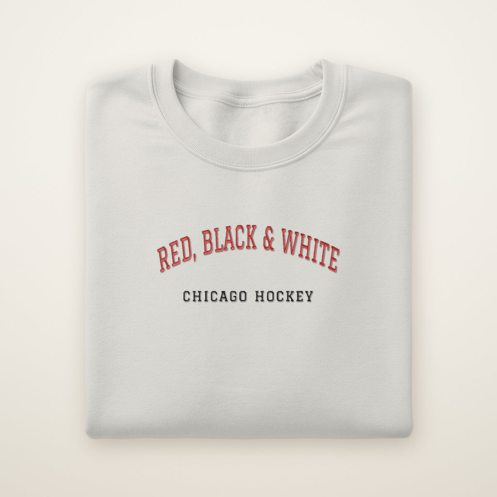 Chicago Hockey Embroidered Crewneck — Red, Black & White in Ash, flat lay