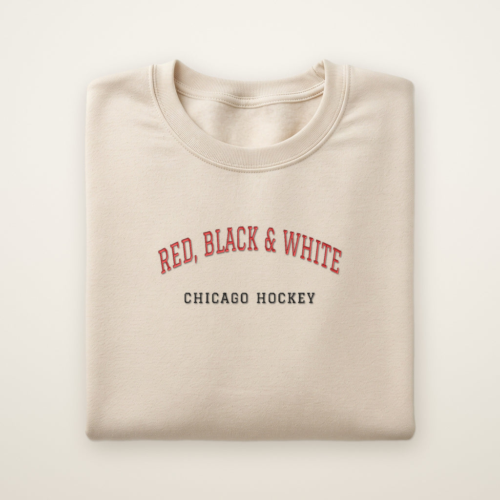 Chicago Hockey Embroidered Crewneck — Red, Black & White in Sand, flat lay
