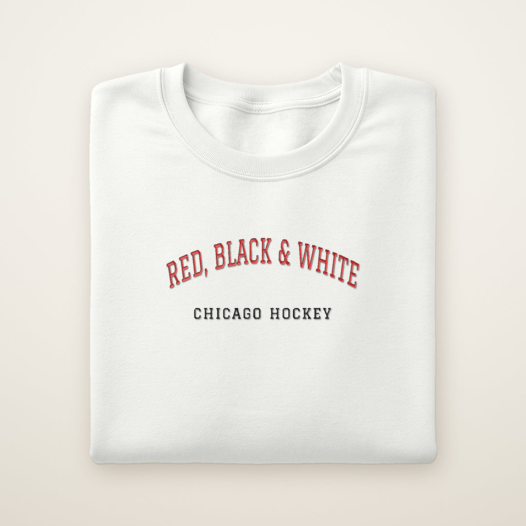 Chicago Hockey Embroidered Crewneck — Red, Black & White in White, flat lay