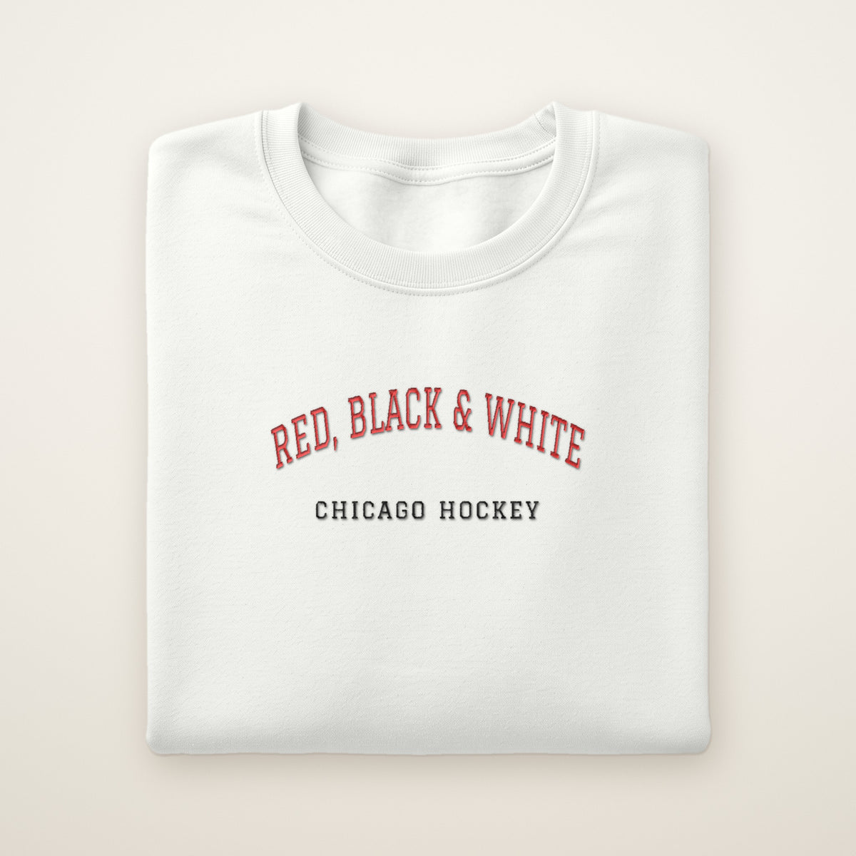Chicago Hockey Embroidered Crewneck — Red, Black & White in White, flat lay