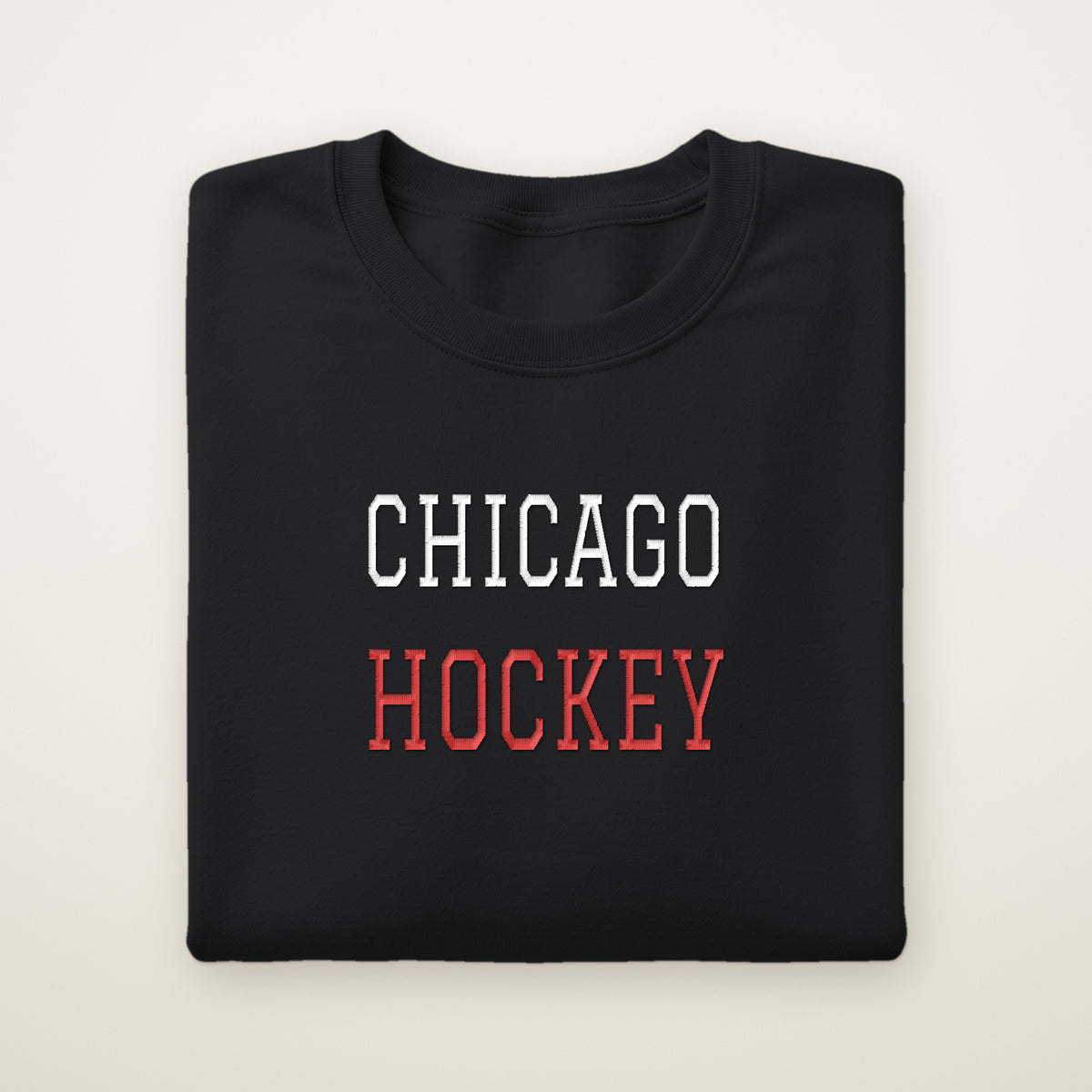Chicago Hockey Embroidered Crewneck — Varsity in Black, flat lay