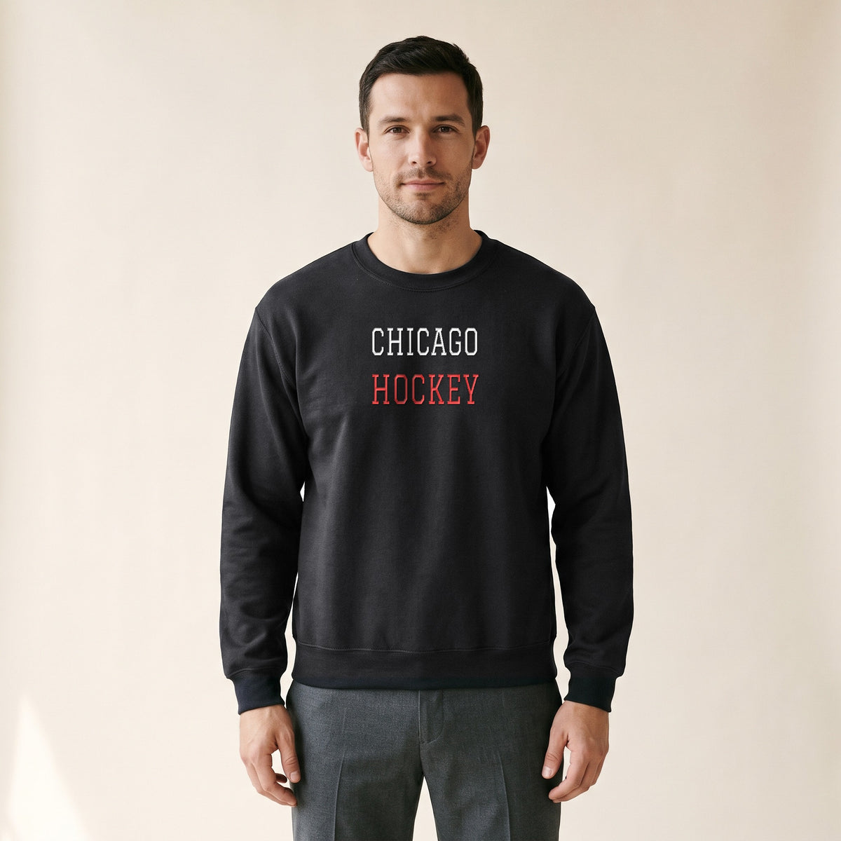 Model wearing the Chicago Hockey Varsity embroidered crewneck