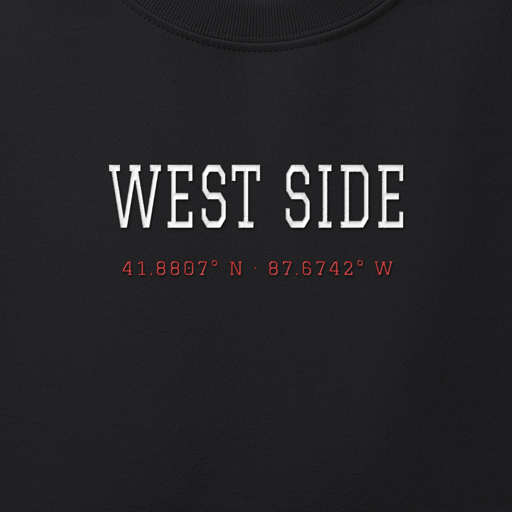 Close-up of the white & red satin-stitch West Side Coordinates embroidery