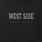 Close-up of the white & red satin-stitch West Side Coordinates embroidery