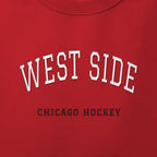 Close-up of the white & black satin-stitch West Side embroidery