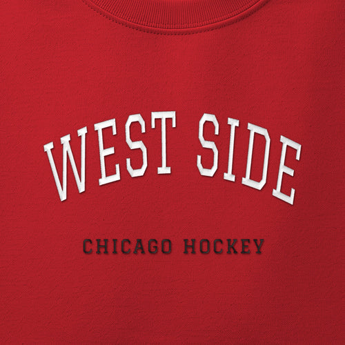 Close-up of the white & black satin-stitch West Side embroidery