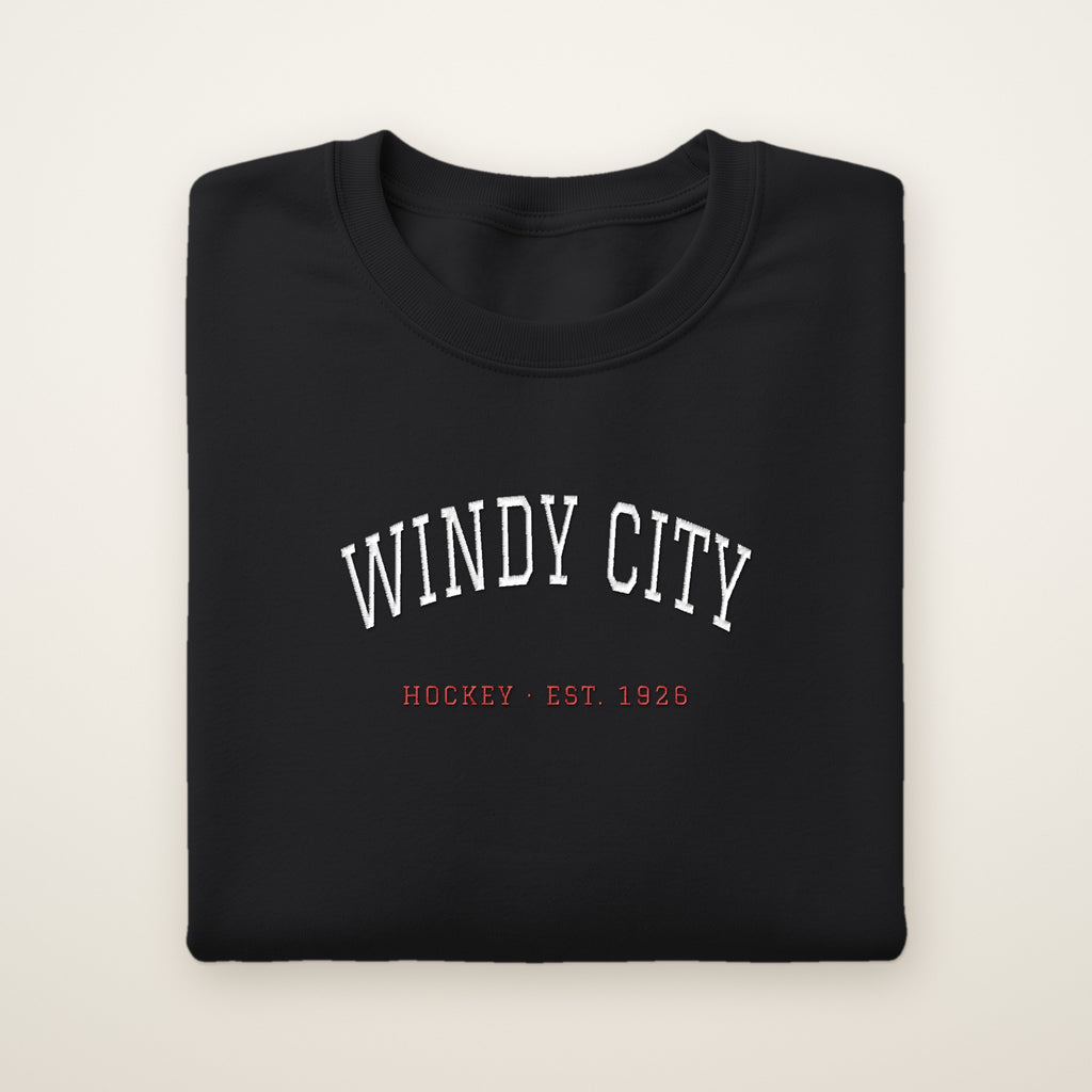 Chicago Hockey Embroidered Crewneck — Windy City in Black, flat lay