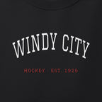 Close-up of the white & red satin-stitch Windy City embroidery