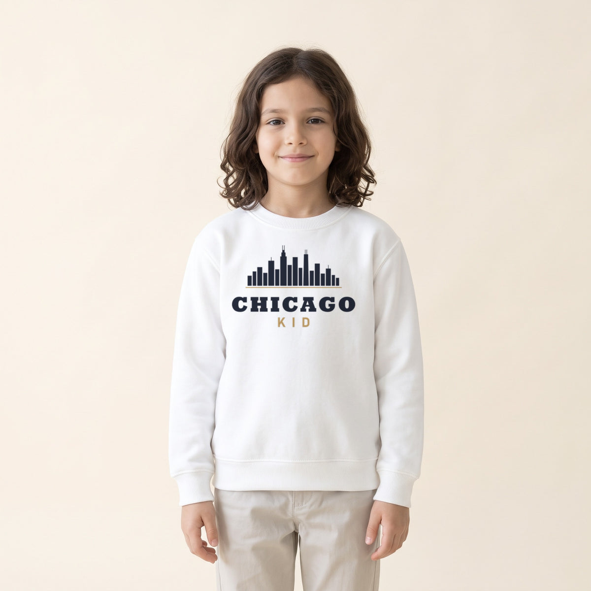Child wearing the Chicago Kid Skyline Youth Crewneck in White