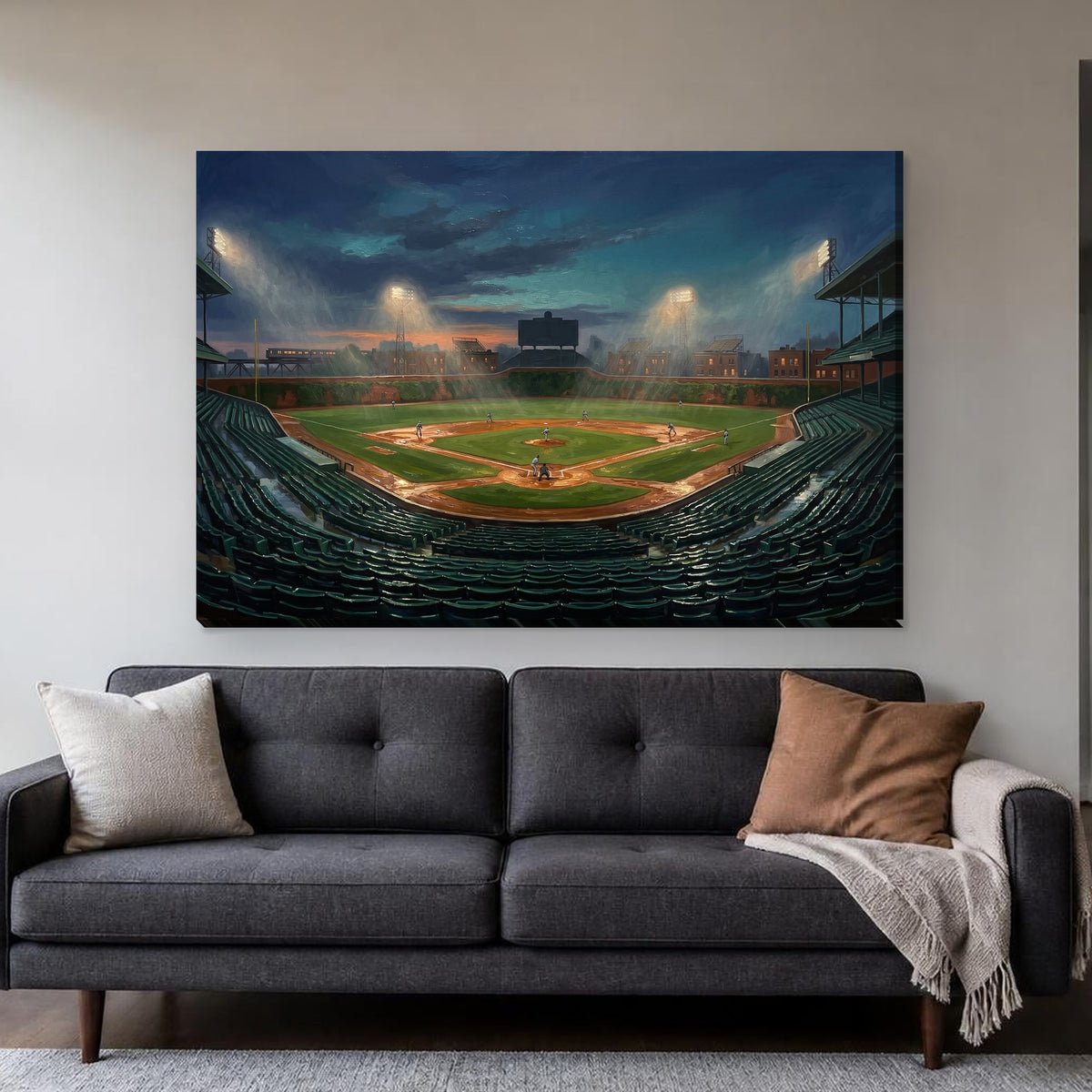 Chicago North Side Ballpark — Rainy Night canvas on a living room wall