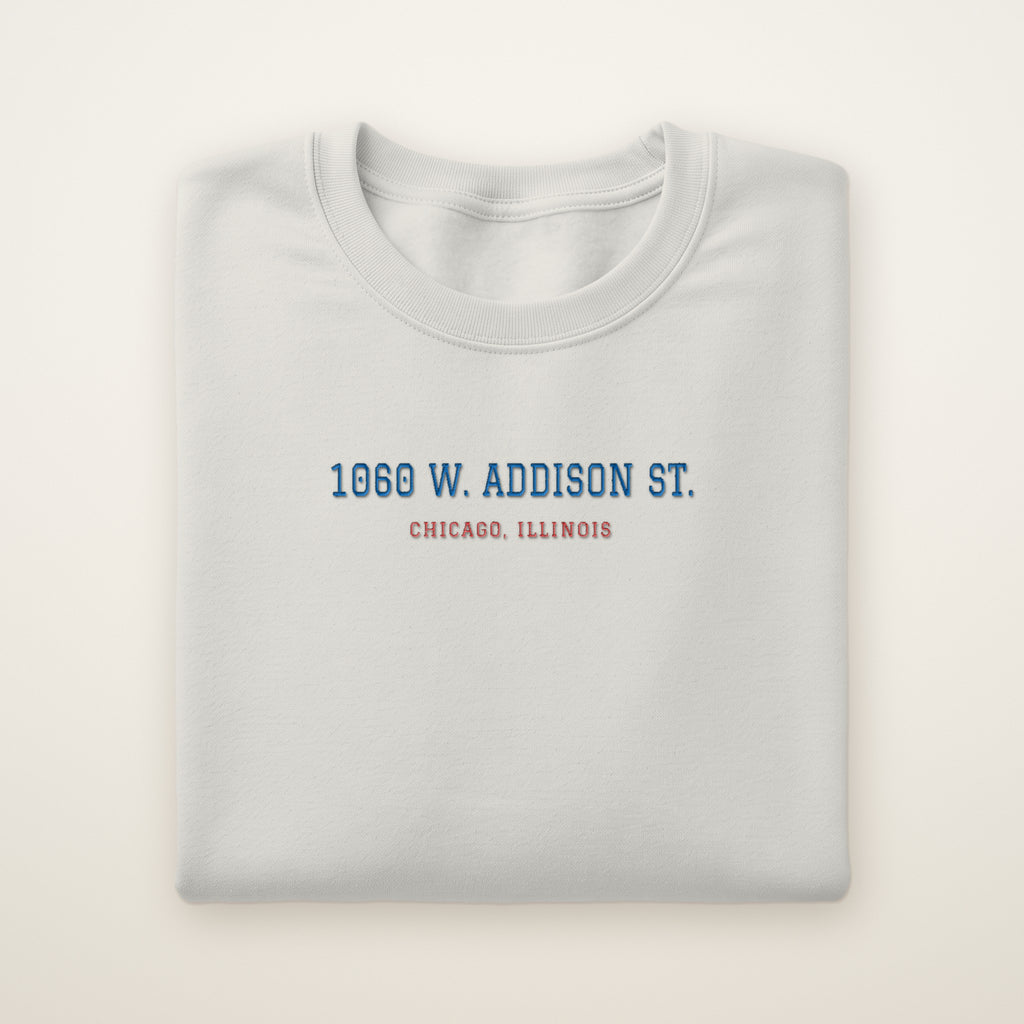Chicago North Side Baseball Embroidered Crewneck — 1060 W. Addison St. in Ash, flat lay
