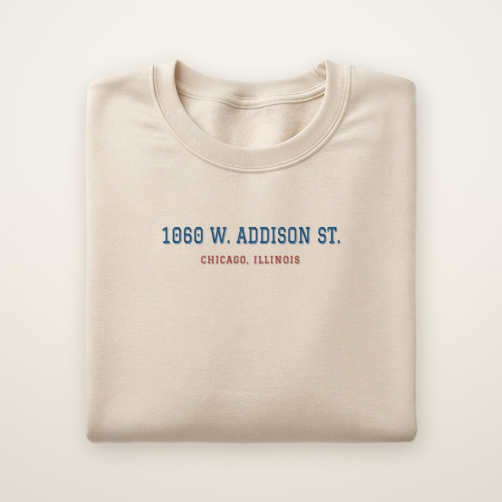 Chicago North Side Baseball Embroidered Crewneck — 1060 W. Addison St. in Sand, flat lay
