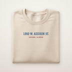Chicago North Side Baseball Embroidered Crewneck — 1060 W. Addison St. in Sand, flat lay