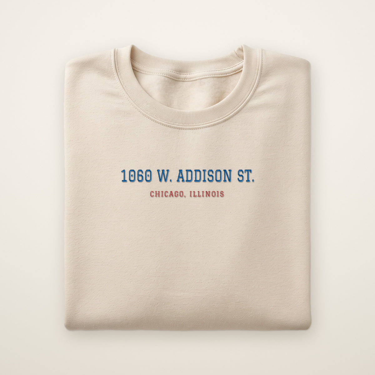 Chicago North Side Baseball Embroidered Crewneck — 1060 W. Addison St. in Sand, flat lay