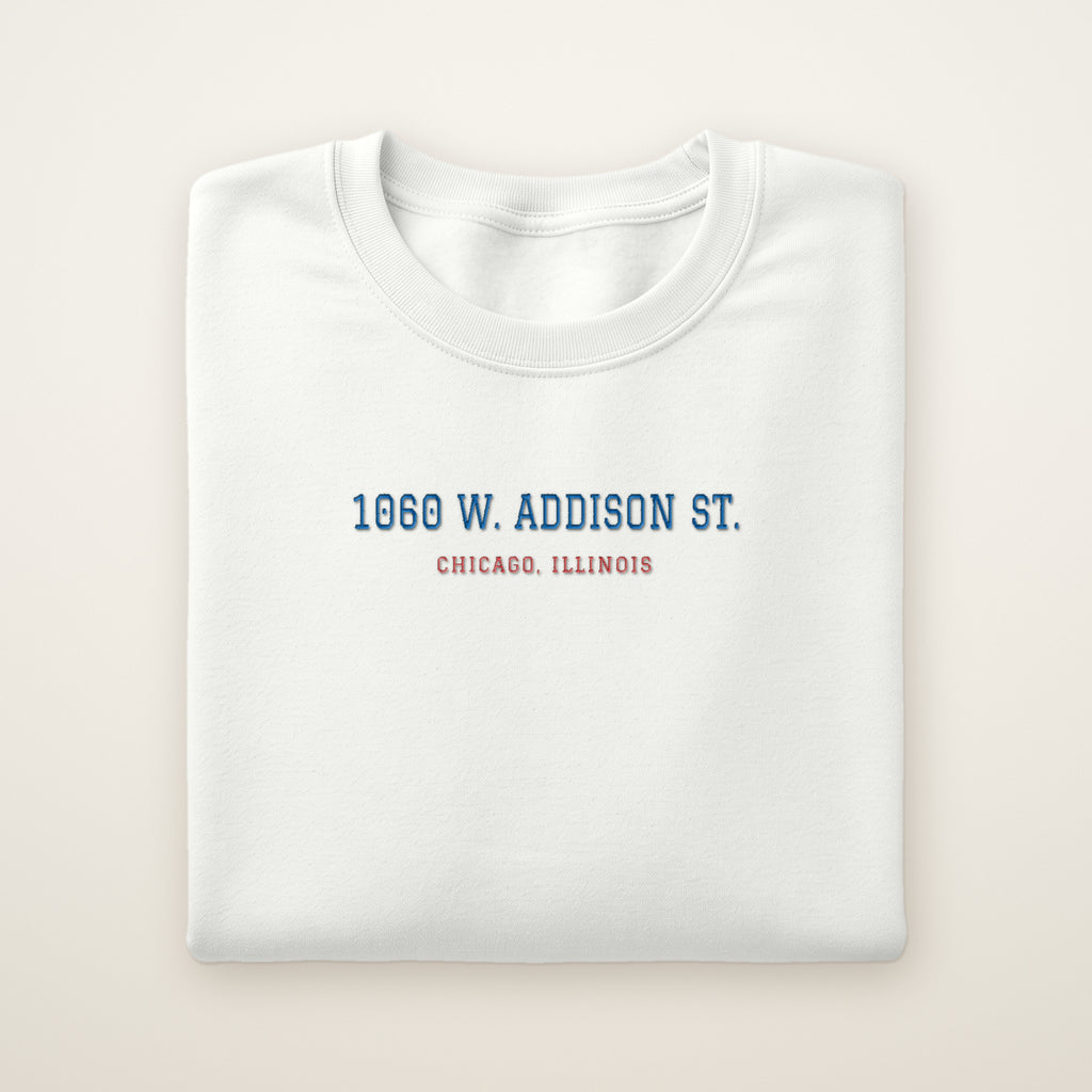 Chicago North Side Baseball Embroidered Crewneck — 1060 W. Addison St. in White, flat lay