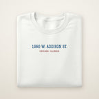 Chicago North Side Baseball Embroidered Crewneck — 1060 W. Addison St. in White, flat lay