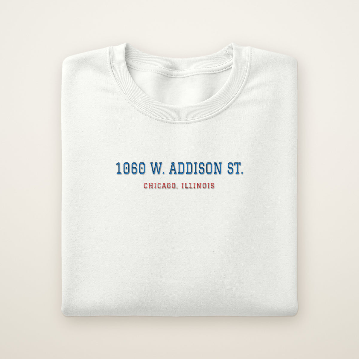 Chicago North Side Baseball Embroidered Crewneck — 1060 W. Addison St. in White, flat lay