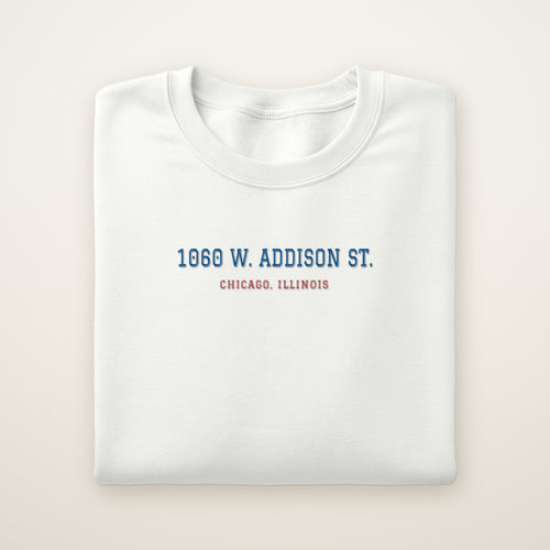 Chicago North Side Baseball Embroidered Crewneck — 1060 W. Addison St. in White, flat lay