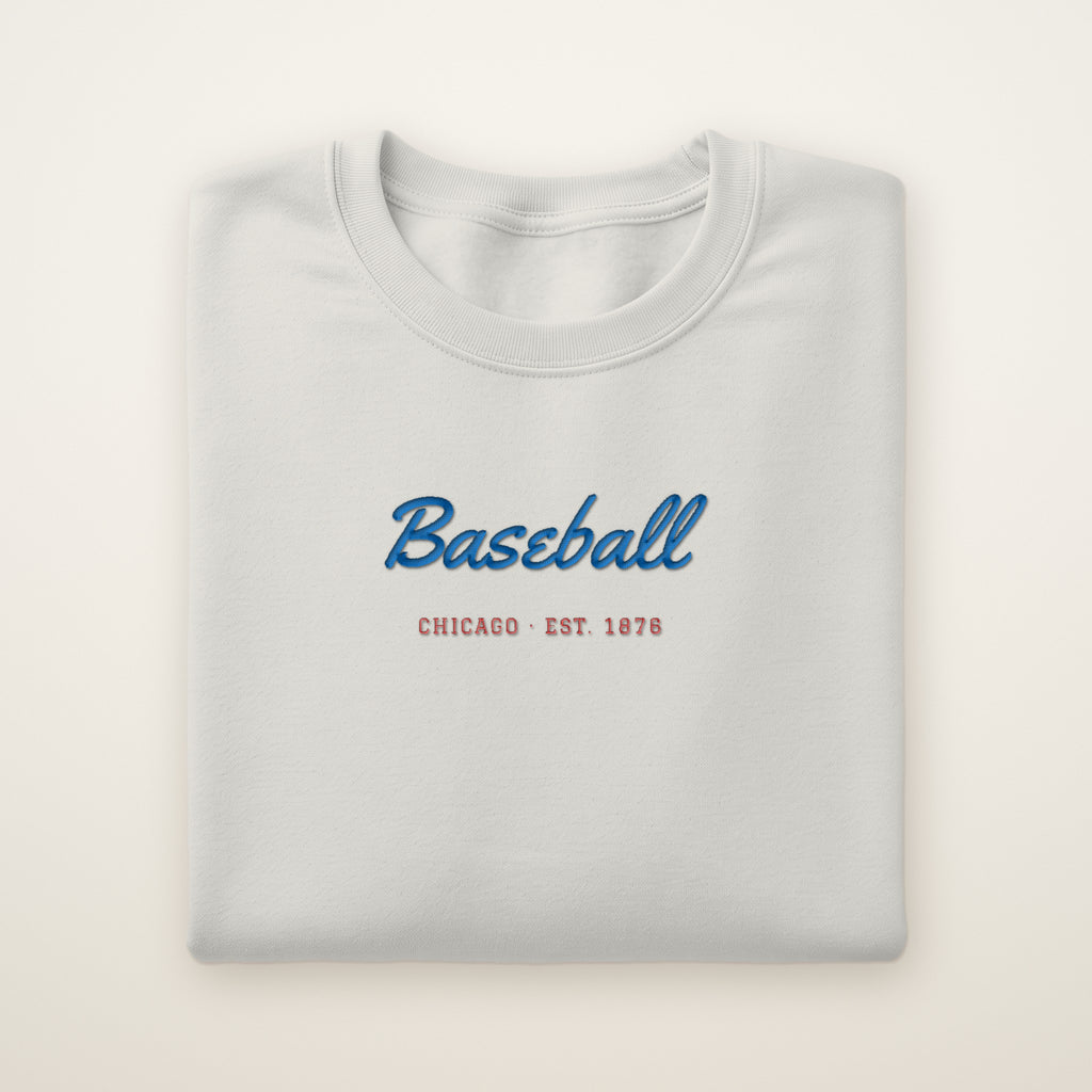Chicago North Side Baseball Embroidered Crewneck — Baseball Script in Ash, flat lay