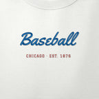 Close-up of the royal blue & red satin-stitch Baseball Script embroidery