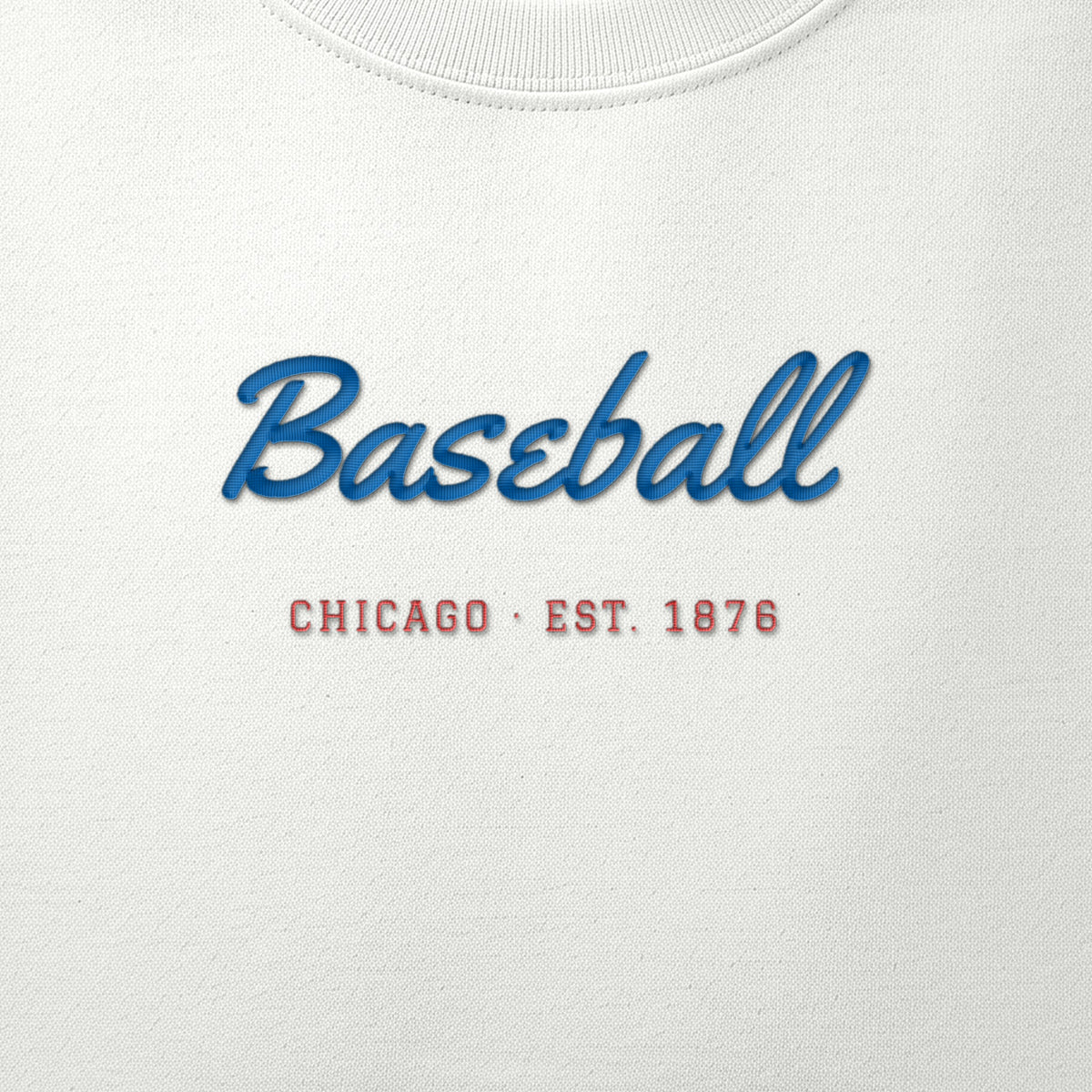 Close-up of the royal blue & red satin-stitch Baseball Script embroidery