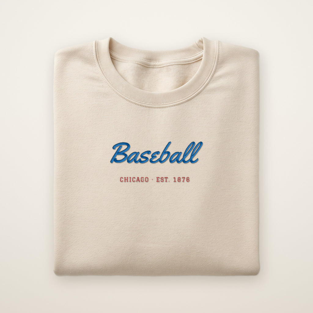 Chicago North Side Baseball Embroidered Crewneck — Baseball Script in Sand, flat lay
