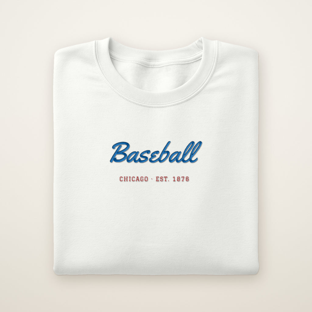 Chicago North Side Baseball Embroidered Crewneck — Baseball Script in White, flat lay
