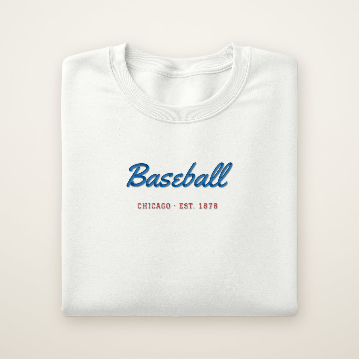 Chicago North Side Baseball Embroidered Crewneck — Baseball Script in White, flat lay
