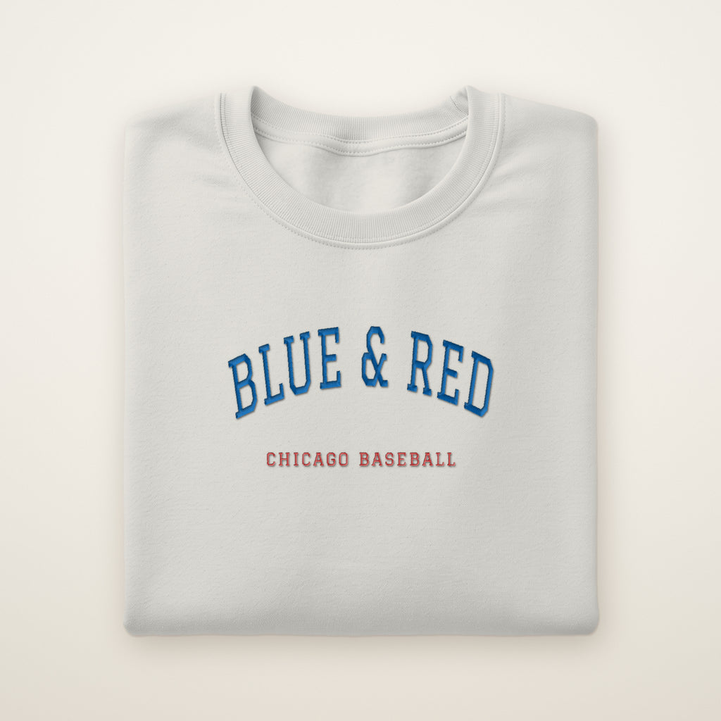 Chicago North Side Baseball Embroidered Crewneck — Blue & Red in Ash, flat lay