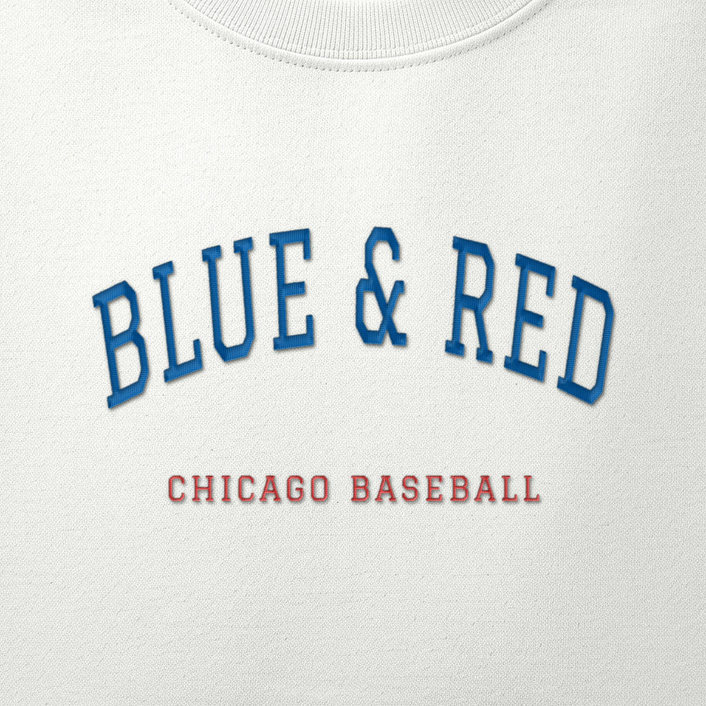 Close-up of the royal blue & red satin-stitch Blue & Red embroidery
