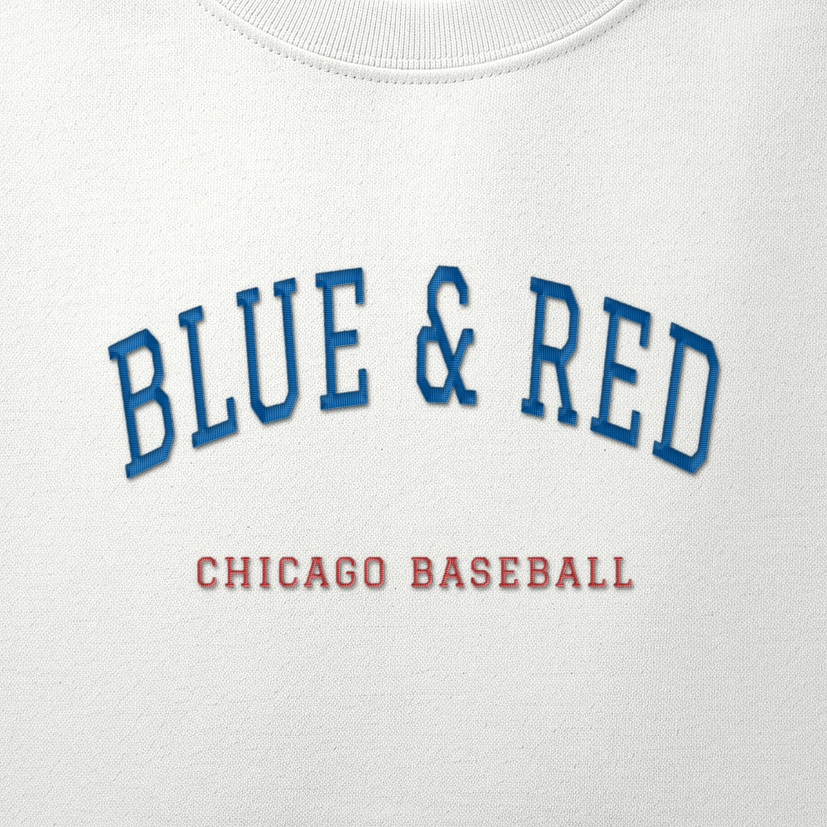 Close-up of the royal blue & red satin-stitch Blue & Red embroidery