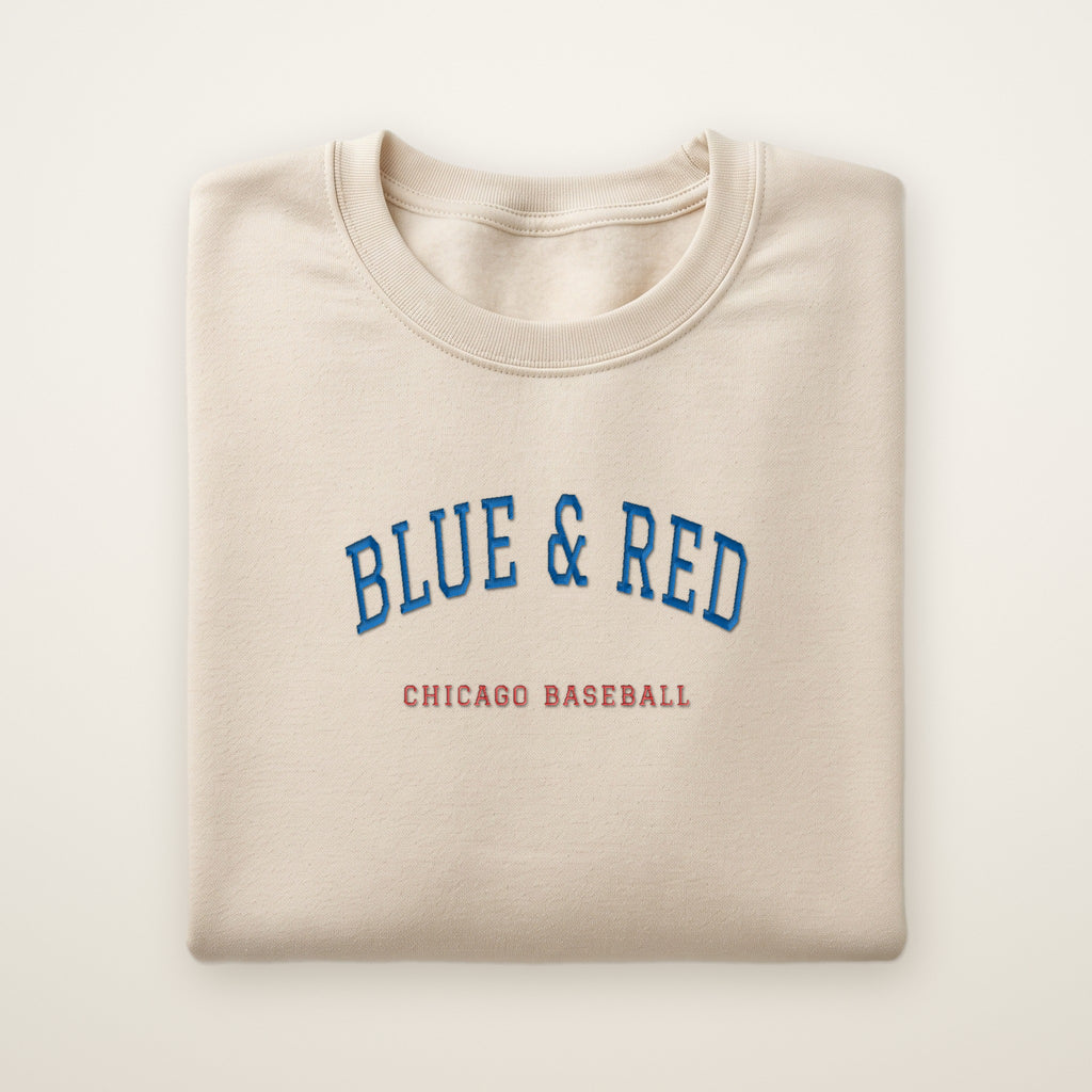 Chicago North Side Baseball Embroidered Crewneck — Blue & Red in Sand, flat lay