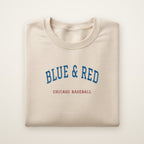 Chicago North Side Baseball Embroidered Crewneck — Blue & Red in Sand, flat lay