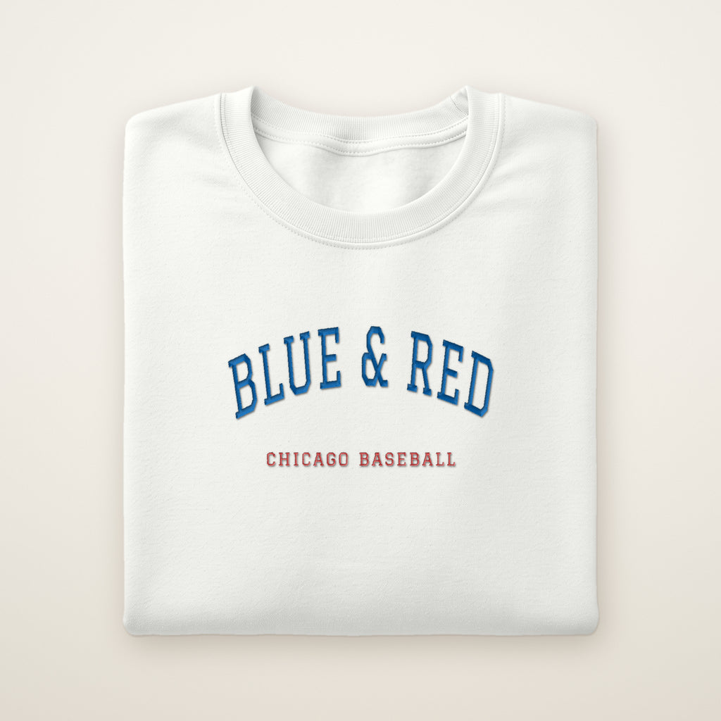 Chicago North Side Baseball Embroidered Crewneck — Blue & Red in White, flat lay