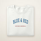 Chicago North Side Baseball Embroidered Crewneck — Blue & Red in White, flat lay