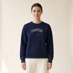 Model wearing the Chicago North Side Baseball Champions embroidered crewneck