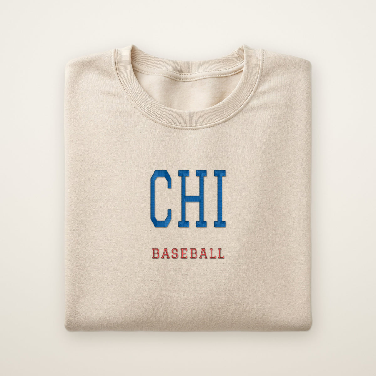 Chicago North Side Baseball Embroidered Crewneck — CHI in Sand, flat lay