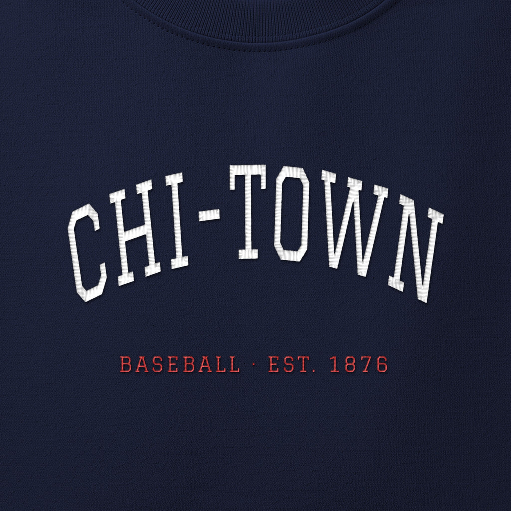 Close-up of the white & red satin-stitch Chi-Town embroidery