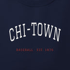 Close-up of the white & red satin-stitch Chi-Town embroidery
