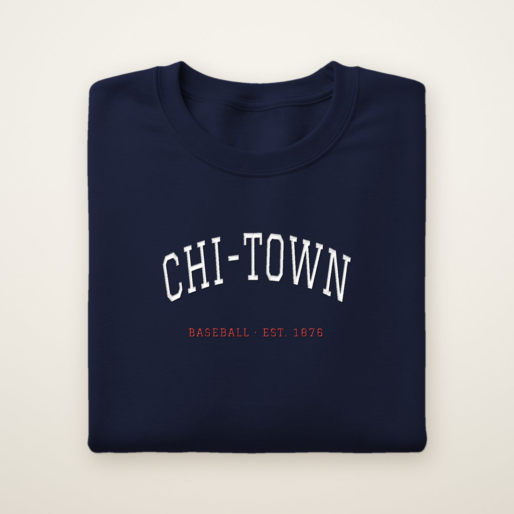 Chicago North Side Baseball Embroidered Crewneck — Chi-Town in Navy, flat lay