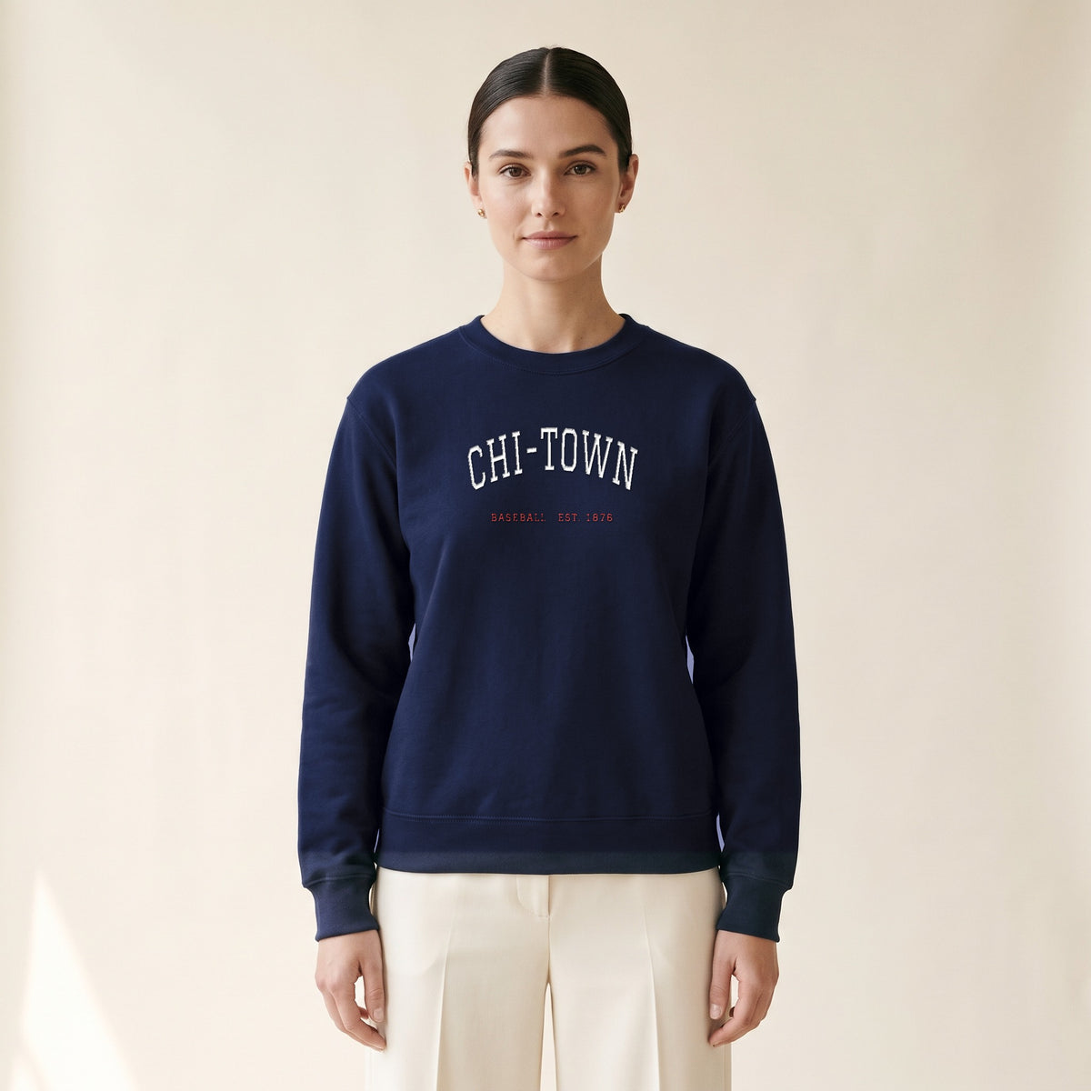 Model wearing the Chicago North Side Baseball Chi-Town embroidered crewneck