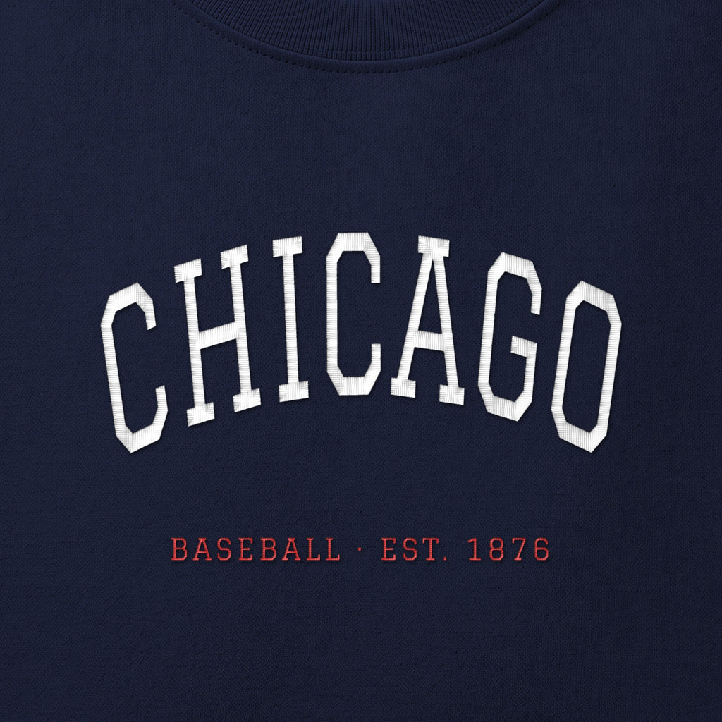 Close-up of the white & red satin-stitch Chicago Arch embroidery