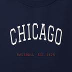 Close-up of the white & red satin-stitch Chicago Arch embroidery